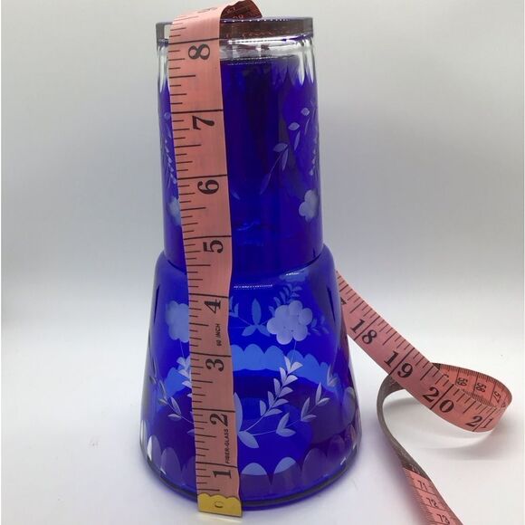 Czech Cobalt Glass Cut to Clear Bedside Carafe - Picture 4 of 8